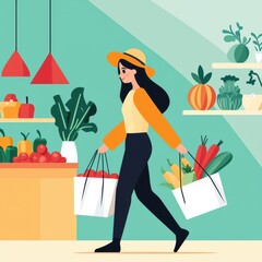 Young Woman Shopping in Colorful Grocery Store with Fresh Produce