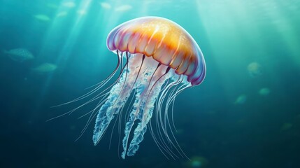 Pixel Art Jellyfish Underwater Scene Orange and Purple Aquatic Animal in Sunlit Blue Water