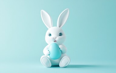 Fototapeta premium Photograph of a white Easter bunny sitting and holding a blue-colored egg on a pastel light blue background, an Easter concept, studio shot, photorealistic, 50 mm lens, no text or logo, isolated 