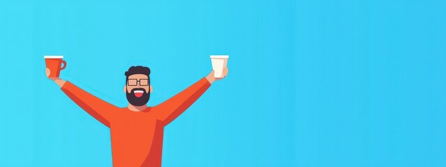 Happy man celebrating with coffee cup and takeaway drink in hands