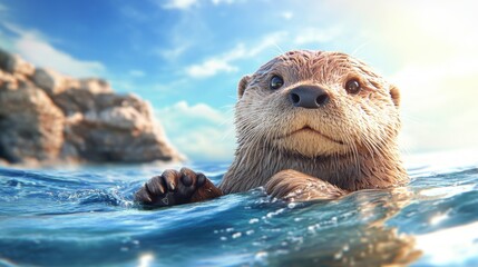Playful Otter in Blue Water Near Rocky Shore