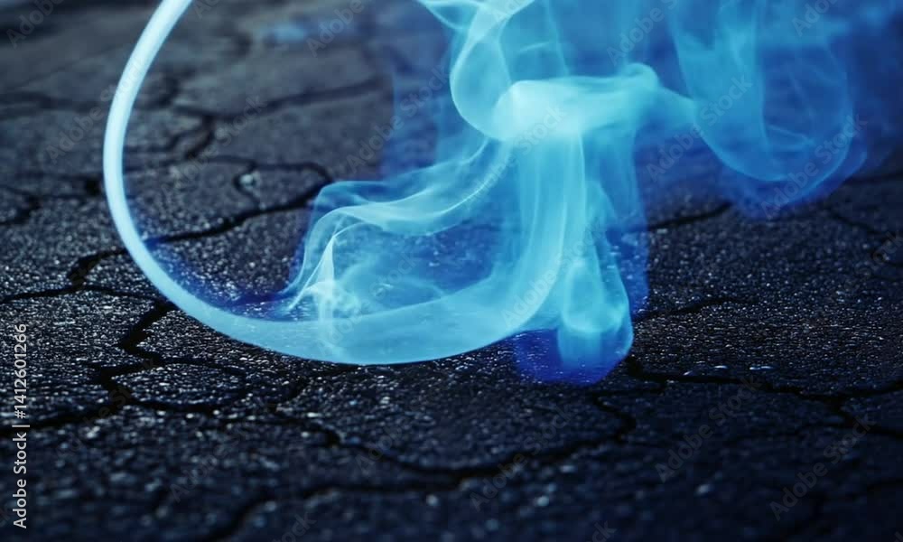 Poster mysterious blue smoke flowing over cracked asphalt in surreal animation made with generative ai tech