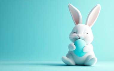 Obraz premium Photograph of a white Easter bunny sitting and holding a blue-colored egg on a pastel light blue background, an Easter concept, studio shot, photorealistic, 50 mm lens, no text or logo, isolated 