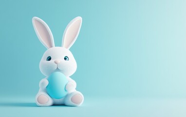 Obraz premium Photograph of a white Easter bunny sitting and holding a blue-colored egg on a pastel light blue background, an Easter concept, studio shot, photorealistic, 50 mm lens, no text or logo, isolated 