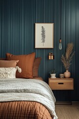 A cozy bedroom with a teal wall, a wooden nightstand, and a white quilt