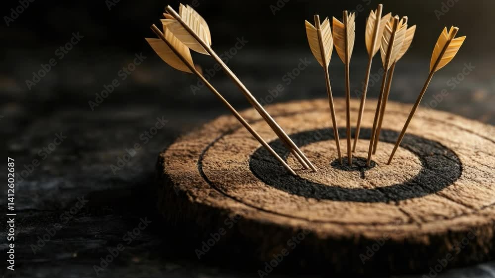 Aufkleber wooden target board with arrows arranged in a circular pattern on a dark background emphasizing focu