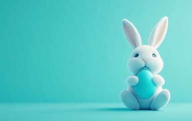 Obraz premium Photograph of a white Easter bunny sitting and holding a blue-colored egg on a pastel light blue background, an Easter concept, studio shot, photorealistic, 50 mm lens, no text or logo, isolated 