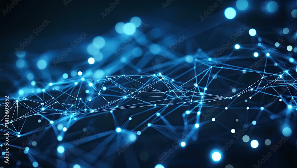 Wall mural abstract blue network of connected dots and lines on dark background
