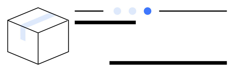 Geometric cube with shaded detail paired with horizontal lines and navigation circles. Ideal for user interface, modern design, website banner, branding, technology concept, abstract layout, simple