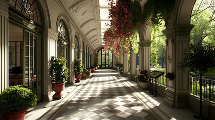 Sunlight Filled Elegant Indoor Hallway With Garden Views