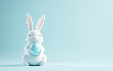 Photograph of a white Easter bunny sitting and holding a blue-colored egg on a pastel light blue background, an Easter concept, studio shot, photorealistic, 50 mm lens, no text or logo, isolated 