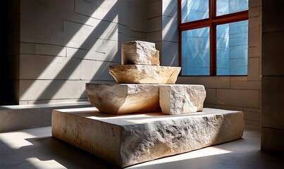 Sculptural art of raw stone fragments stacked in sunlit corner, textures, hues of tan