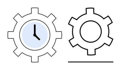 Gear with clock indicating efficiency and productivity paired with a plain gear outline for customization. Ideal for time management, workflow, productivity, planning, creativity, ideas, simple