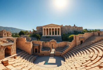 Obraz premium Sun-drenched, weathered stone amphitheater ruins against Acropolis backdrop, landscape, civilization
