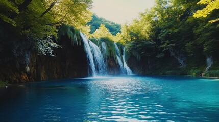 Picturesque waterfall cascading into a crystal clear turquoise lake surrounded by lush greenery