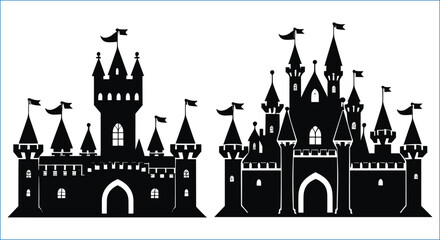 Silhouette Fairytale Castles With Flags Dark Medieval Fantasy Vector Illustration