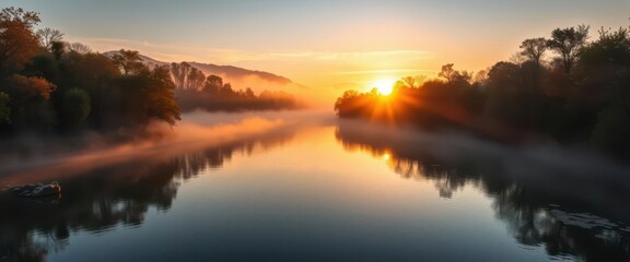 Fototapeta premium Golden hour light paints the mist-shrouded river, sunrise hues reflect on calm water, mist, wildlife
