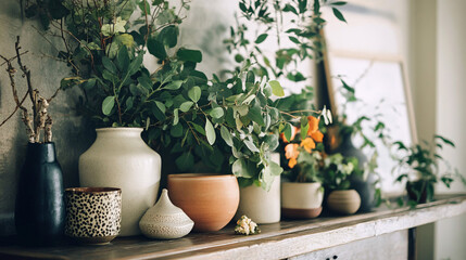 Serene Earth-Toned Decor Featuring Lush Leafy Arrangement