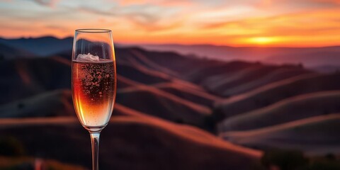 Obraz premium Two champagne flutes filled with sparkling wine, sunset hues paint rolling hills, sunset, alcohol