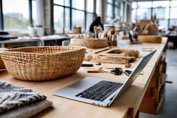 A modern, well-organized workspace featuring creative decor, a sleek laptop, and natural light streaming in through large windows, perfect for working on projects and inspiration.