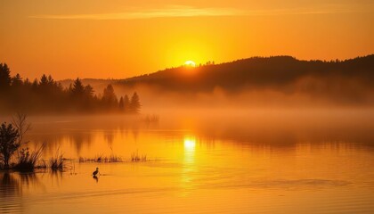 Obraz premium Golden sunrise paints tranquil lake, mist rising, rays, photography