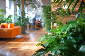 Fototapeta premium Environment concept. Green office space, Interior of a office with green plants and people in the background