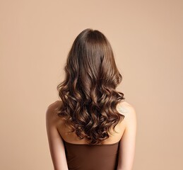 Fototapeta premium A female model with curly hair is showcased in a studio setting against a brown background, highlighting haircare, back, and beauty, with a focus on texture, growth, and salon treatments such as