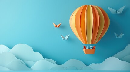 Obraz premium Paper Hot Air Balloon with Origami Birds Flying over Paper Mountains