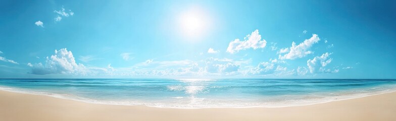 Obraz premium Idyllic Beach Scene with Blue Sky, Turquoise Water, and Soft Sand