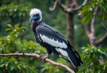 Obraz premium Majestic white-headed vulture perched on a branch in a lush bird sanctuary, white, environment