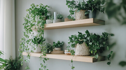Serene Floating Shelves Adorned with Lush Greenery for Home Decor
