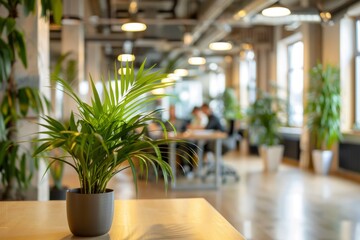 Environment concept. Green office space, Interior of a office with green plants and people in the background