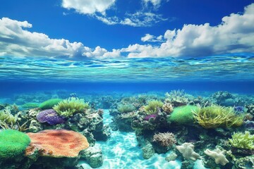Fototapeta premium Vibrant underwater coral reef teeming with marine life and colorful vegetation