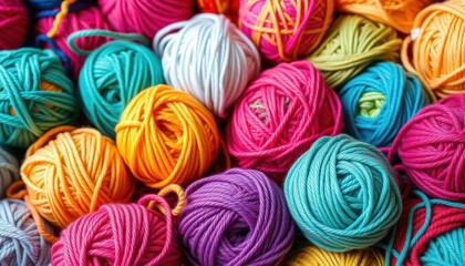 Vibrant yarn balls in rainbow hues, ready for crafting, yarn art,  wool yarn
