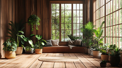Cozy Wooden Haven: Interior Design with Lush Plants and Earthy Tones