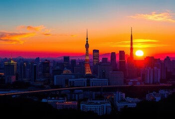 Elegant line drawing of Tokyo's iconic skyline at sunset, city, tokyo