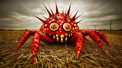 Giant red spiky creature in field