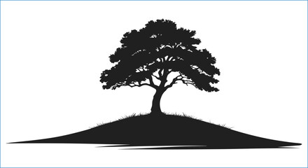 Solitary Tree Silhouette On A Hill In Graphic Black Tone Style