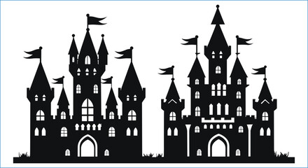 Fototapeta premium Two Black Silhouette Castles With Flags On A White Background