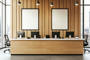 Modern front desk in a bright office with wood panel walls, blank posters, and computer setups, perfect for business promotions, corporate branding, or workspace design mockups