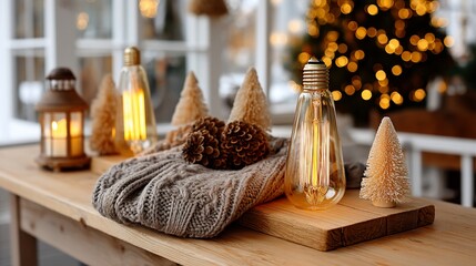 Table setting with lights, trees and pinecones. Rustic, festive, and cozy