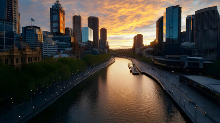 Naklejka premium Melbourne City Skyline Sunset Over Yarra River