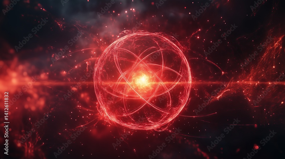 Poster geometric and mathematical symmetric and spherical atomic cloud with a red glow from.