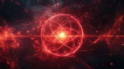 Obraz premium Geometric and mathematical symmetric and spherical atomic cloud with a red glow from.