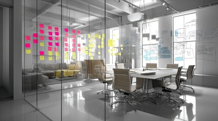 Modern office interior with sticky notes on glass wall.