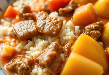 Close-up of Japanese curry rice with tender meat, carrots, and potatoes on a plate,  gastronomy, lunch