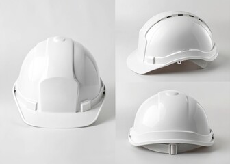 Fototapeta premium Blank Safety helmet mockup White safety helmet showcased from multiple angles on a light background. Ideal for construction or safety themes.