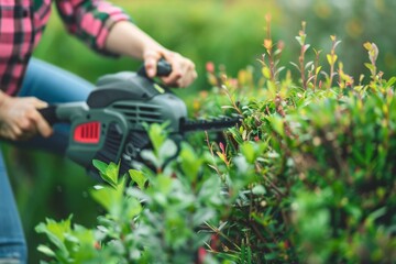 Obraz premium Gardener trimming hedges with electric trimmer in well-maintained backyard garden