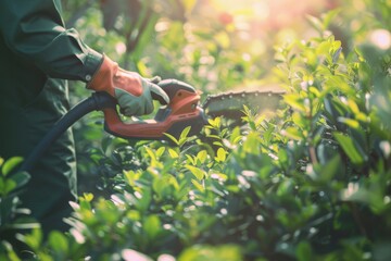 Naklejka premium Gardener trimming hedges with electric trimmer in well-maintained backyard garden