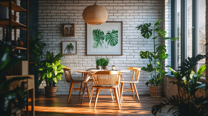 Tranquil Indoor Oasis: Natural Interior Design Enhanced with Lush Green Plants and Botanical...